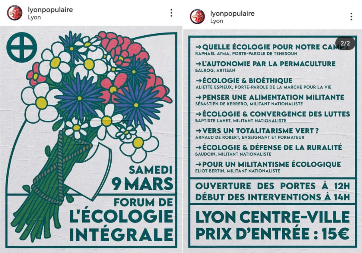 Festival de « l’écologie intégrale », organisé par le groupe néofasciste Lyon populaire le 9 mars 2024. Instagram/Lyon populaire